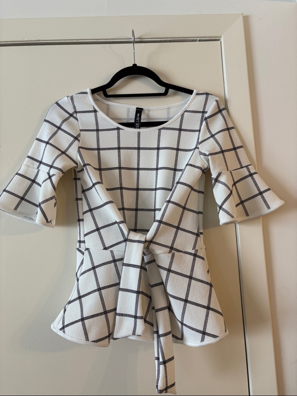 Design Lab Lord & Taylor White Windowpane Tie-Front Peplum Blouse